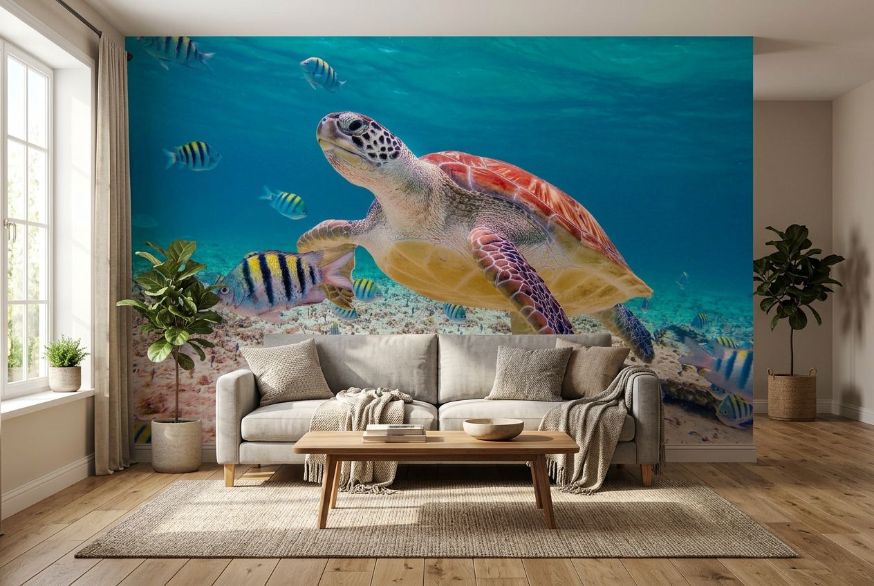 Majestic Sea Turtle Swimming Amidst Vibrant Coral Reefs — room mockup 2