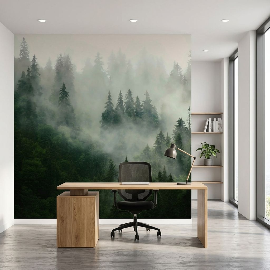 Misty fir forest landscape — room mockup 3