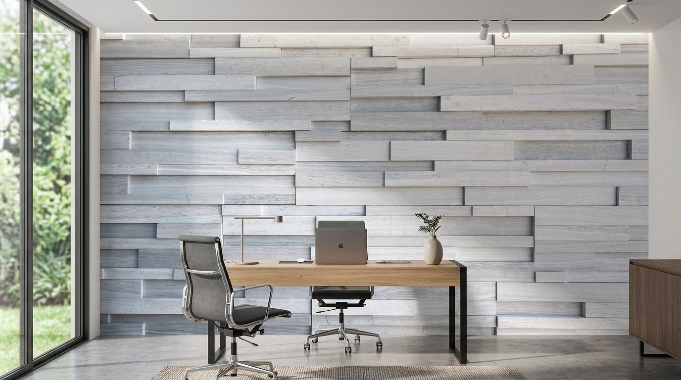 Modern Grey Stone Tile Wall — room mockup 2