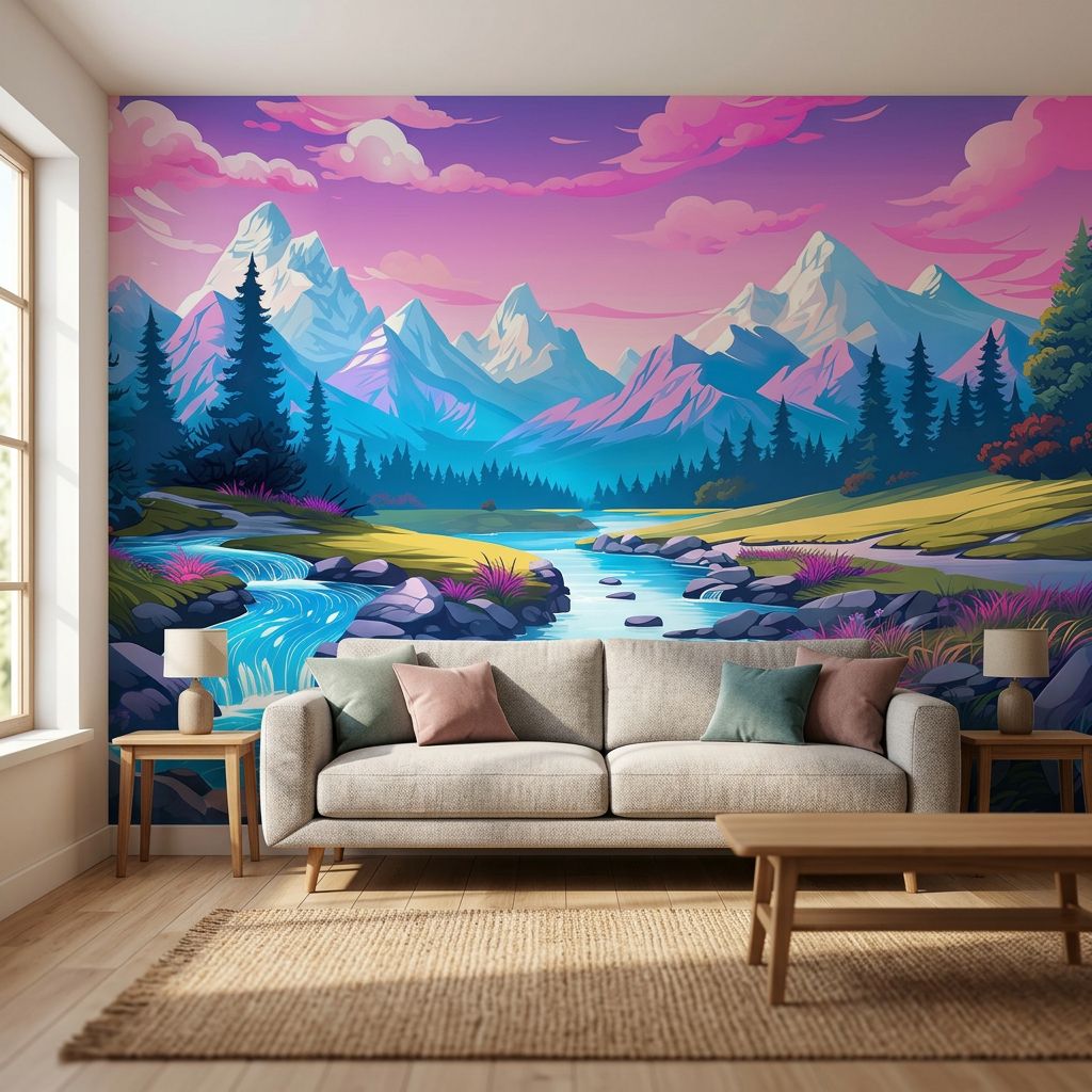 Idyllic summer landscape with river, forest and mountains — room mockup 3