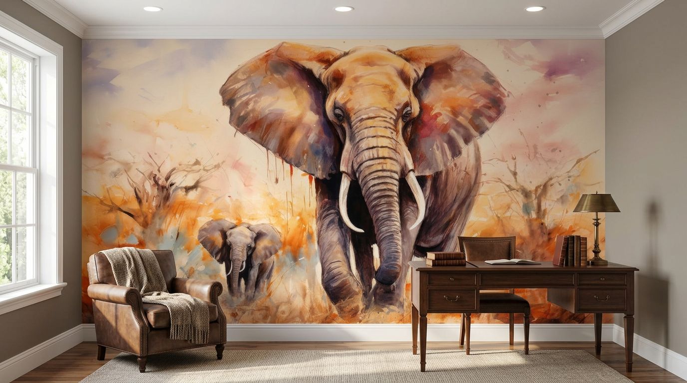 African Elephant Watercolor Painting — room mockup 3