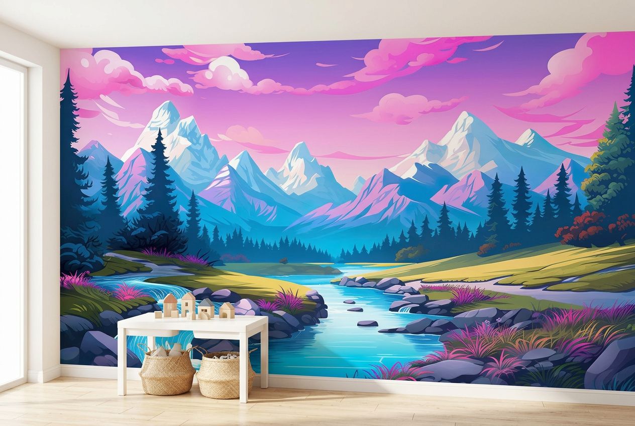 Idyllic summer landscape with river, forest and mountains — room mockup 2