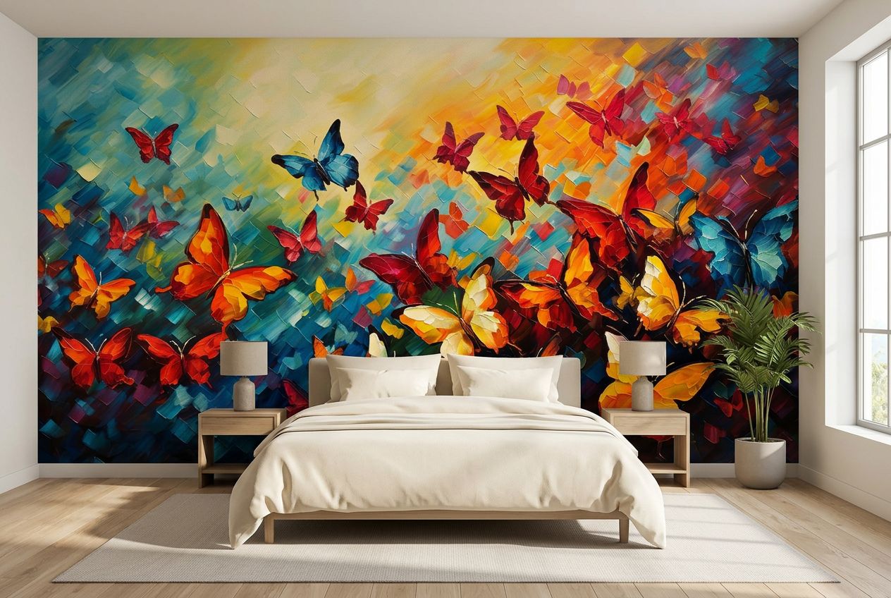 Vibrant Butterfly Mural Oil Painting — room mockup 3