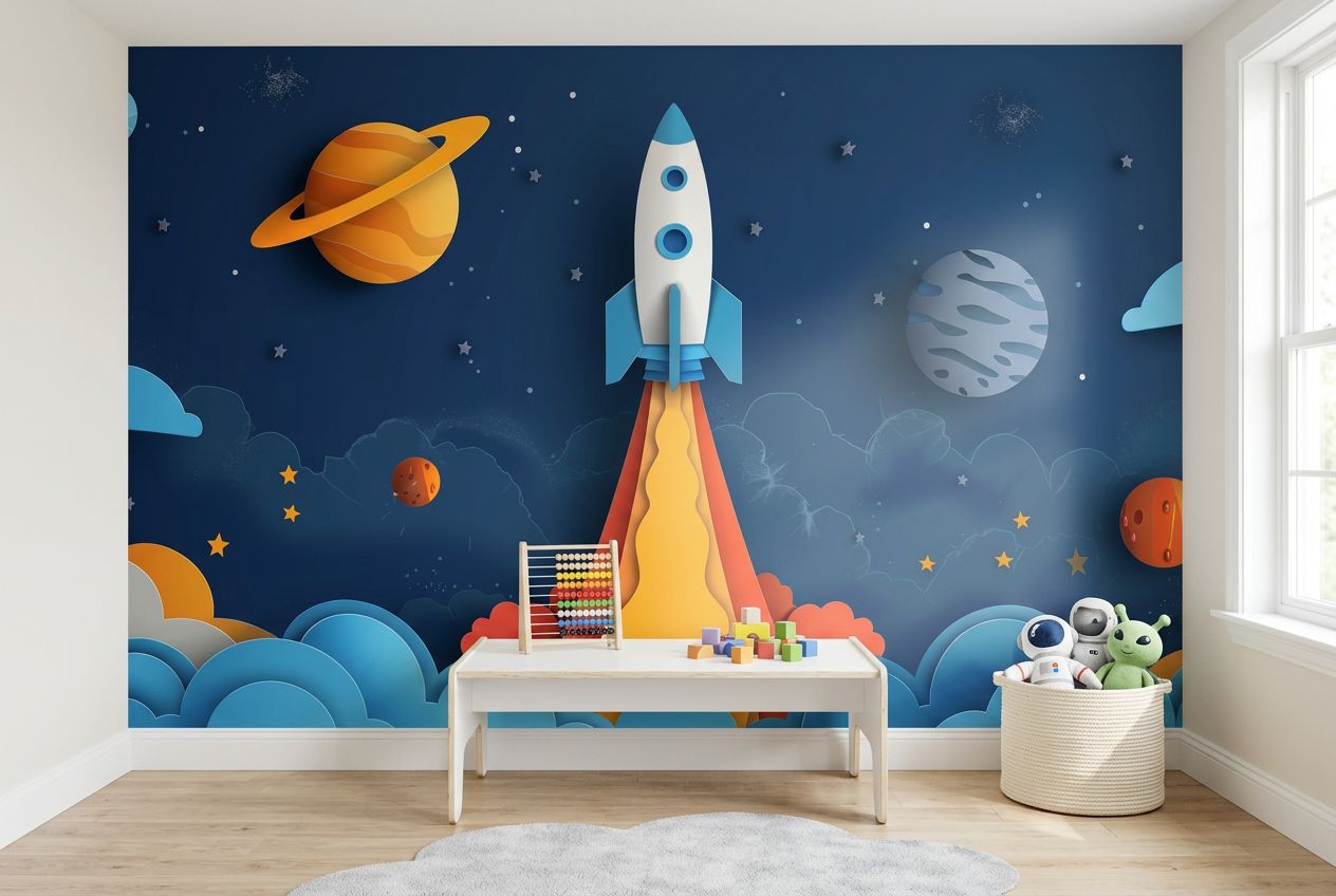 Adorable Paper-Cut Rocket Art — room mockup 3