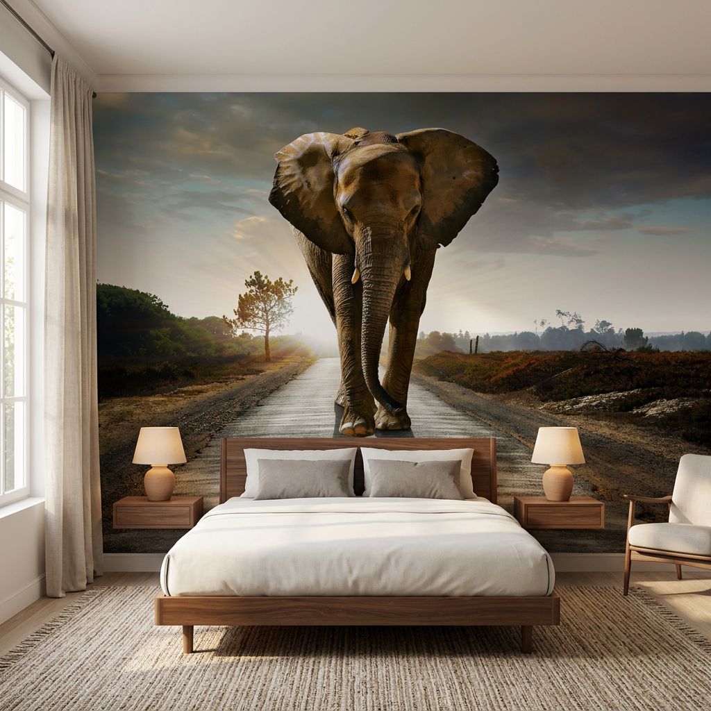 Lone Elephant at Sunset — room mockup 2