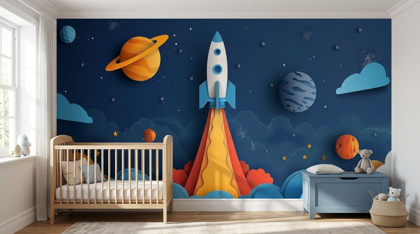 Adorable Paper-Cut Rocket Art — room mockup 2