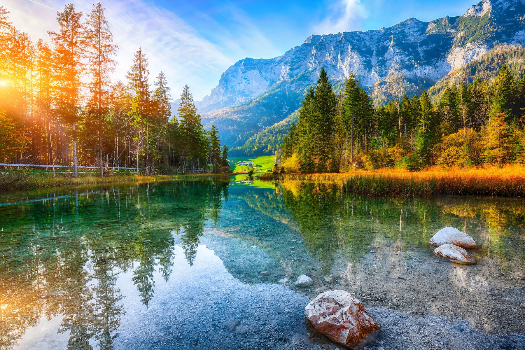 Fantastic autumn sunset of Hintersee lake