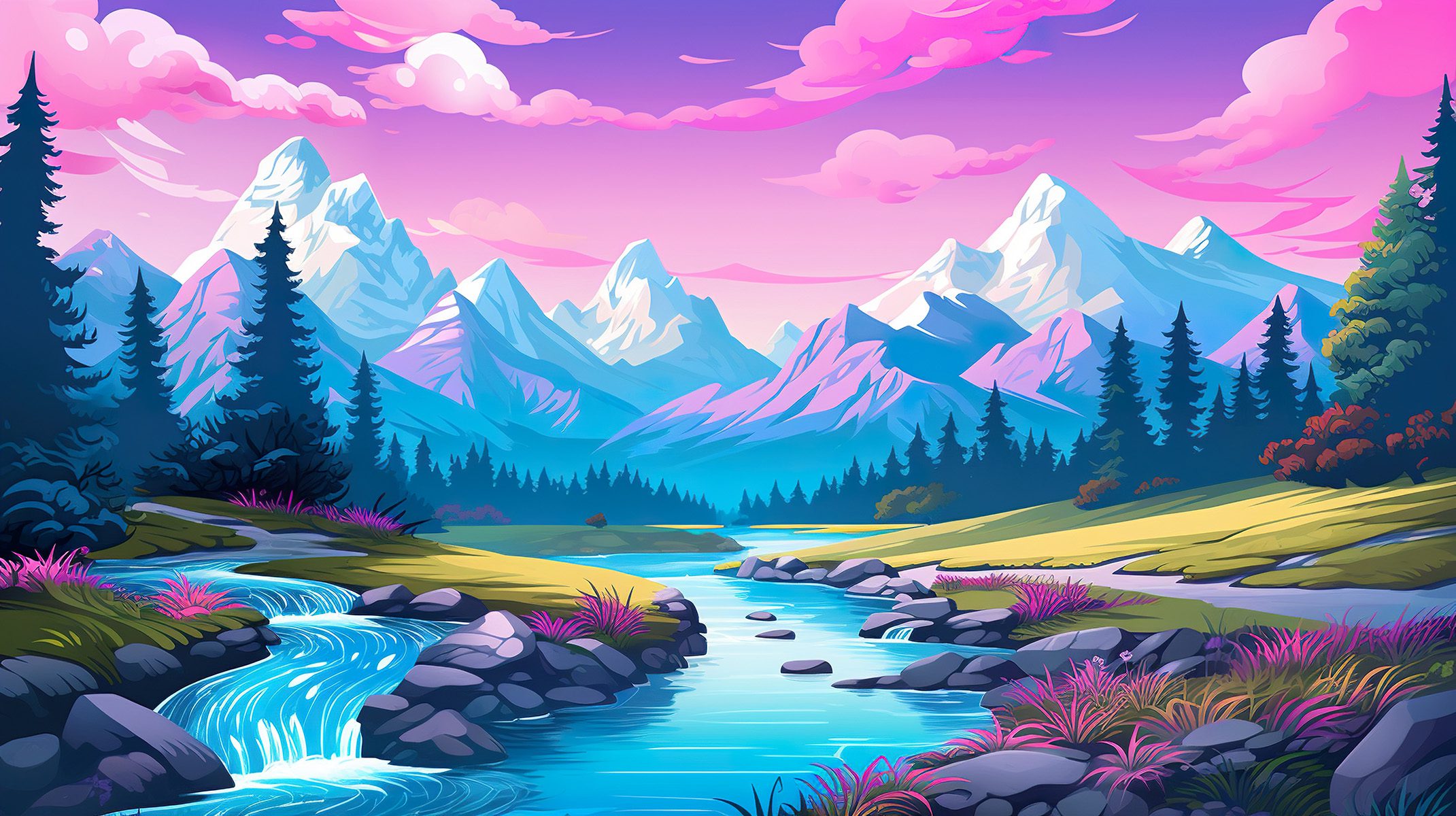Idyllic summer landscape with river, forest and mountains